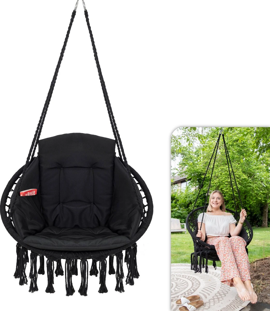Vita5 Macramé Hangstoel - Voor Binnen En Buiten - Zonder Standaard - Incl. Kussen, Boekenvak En Beschermhoes - Tot 150kg - Zwart