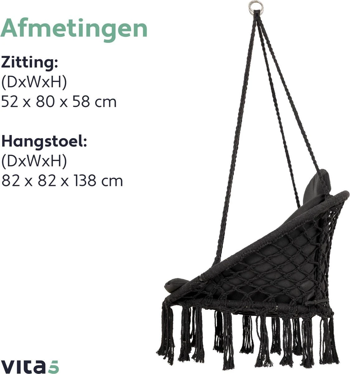 Vita5 Macramé Hangstoel - Voor Binnen En Buiten - Zonder Standaard - Incl. Kussen, Boekenvak En Beschermhoes - Tot 150kg - Zwart - Afbeelding 8