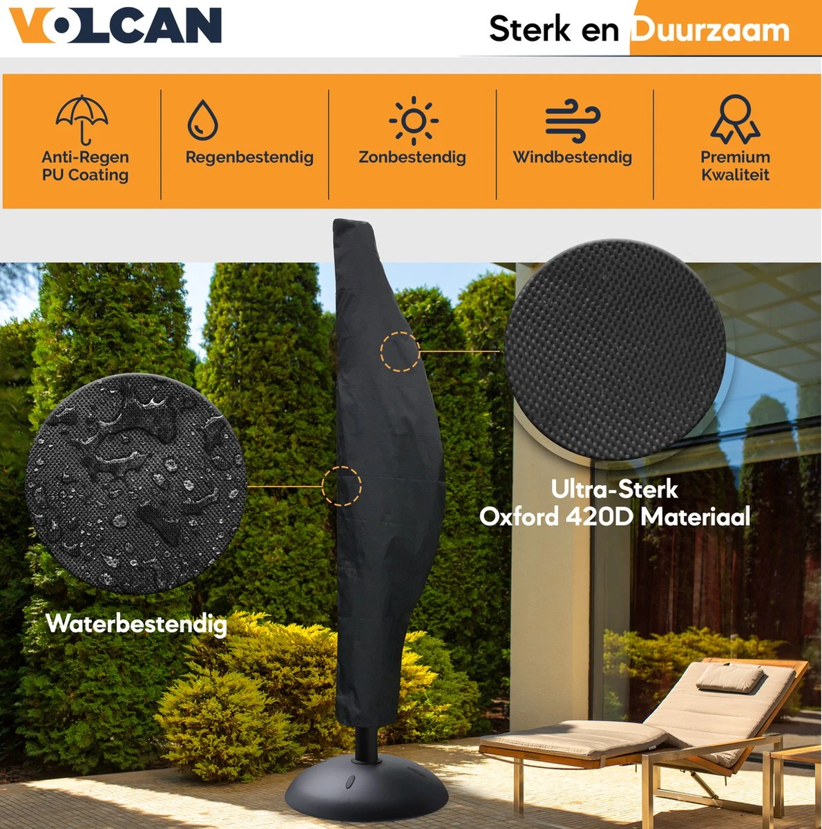 Volcan Parasolhoes Voor Zweefparasol - Tot 300cm - Waterdicht - Oxford 420D - Met Rits, Trekkoord En Stok - Zwart - Afbeelding 4