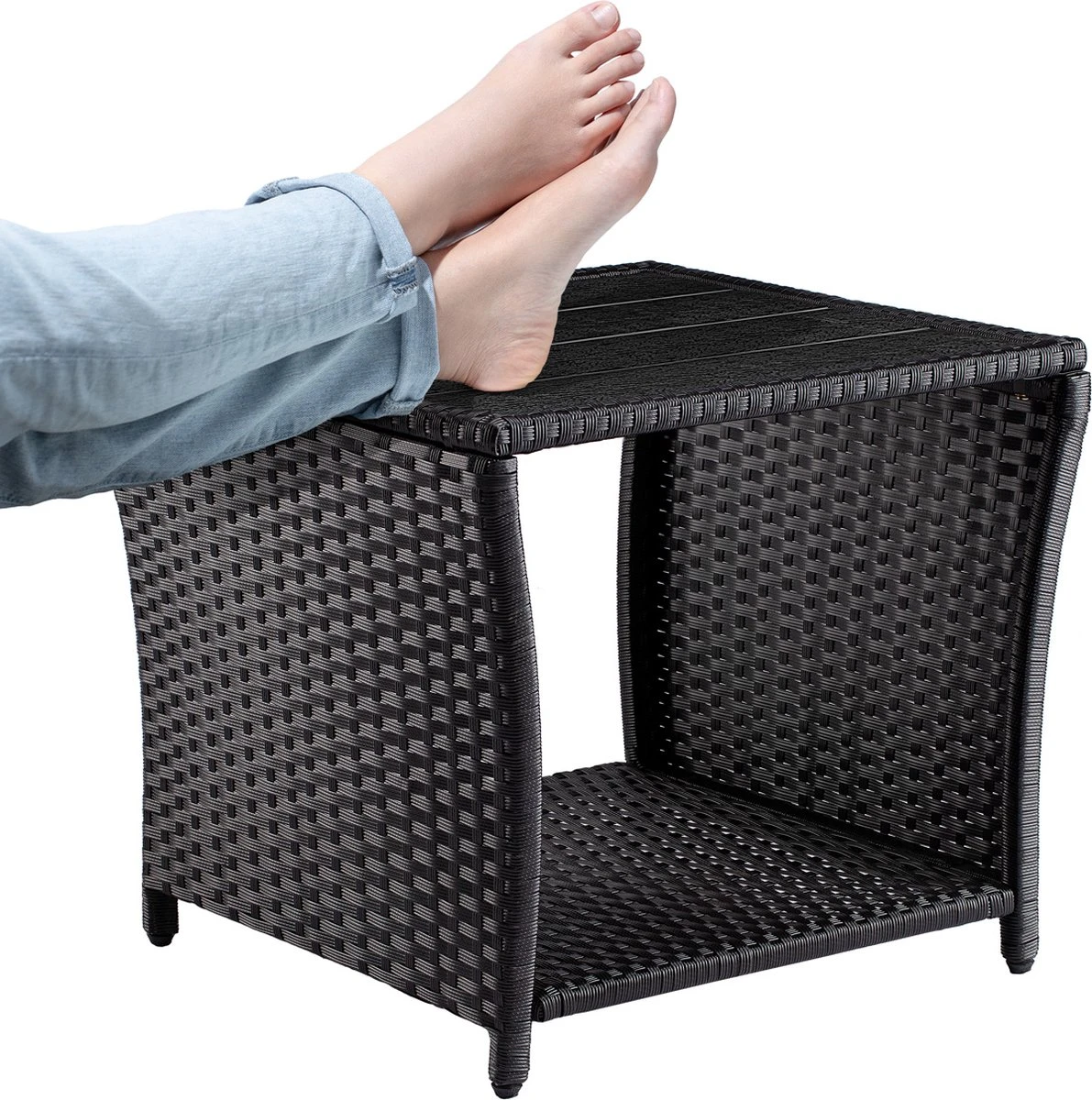 Casaria Polyrattan Bijzettafel - WPC Tafelblad 45x45x40cm – Zwart - Afbeelding 5