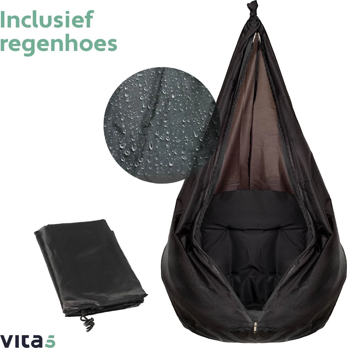 Vita5 Macramé Hangstoel - Voor Binnen En Buiten - Zonder Standaard - Incl. Kussen, Boekenvak En Beschermhoes - Tot 150kg - Zwart - Afbeelding 9