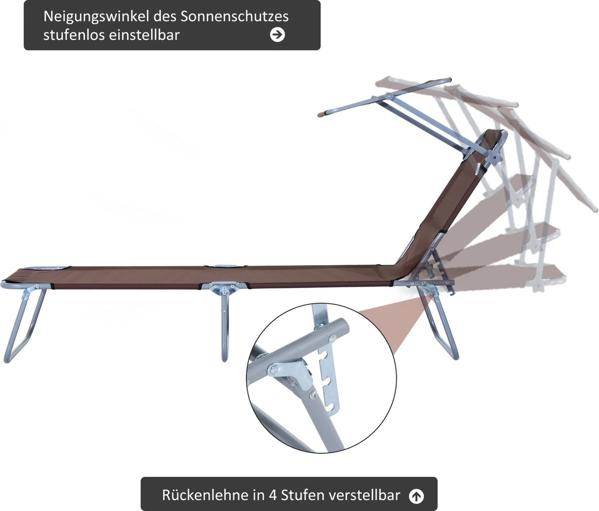 Outsunny Ligstoel Ligbank Voor Buiten Ligstoel Voor Op Het Strand Inklapbaar Met Zonnedak 3 Kleuren 84B-001 - Afbeelding 2