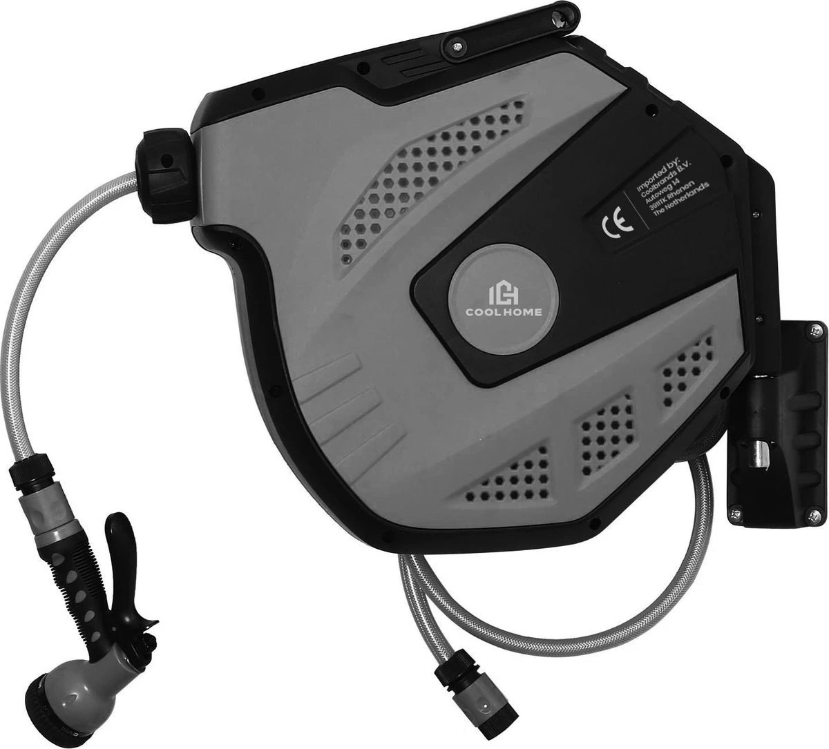 CoolHome Wandslangenbox 15 Meter + 1,5 Meter - Tuinslang Met Haspel- Slangenhouder 180° Draaibaar - Tuinslanghaspel Zwart - Grijs