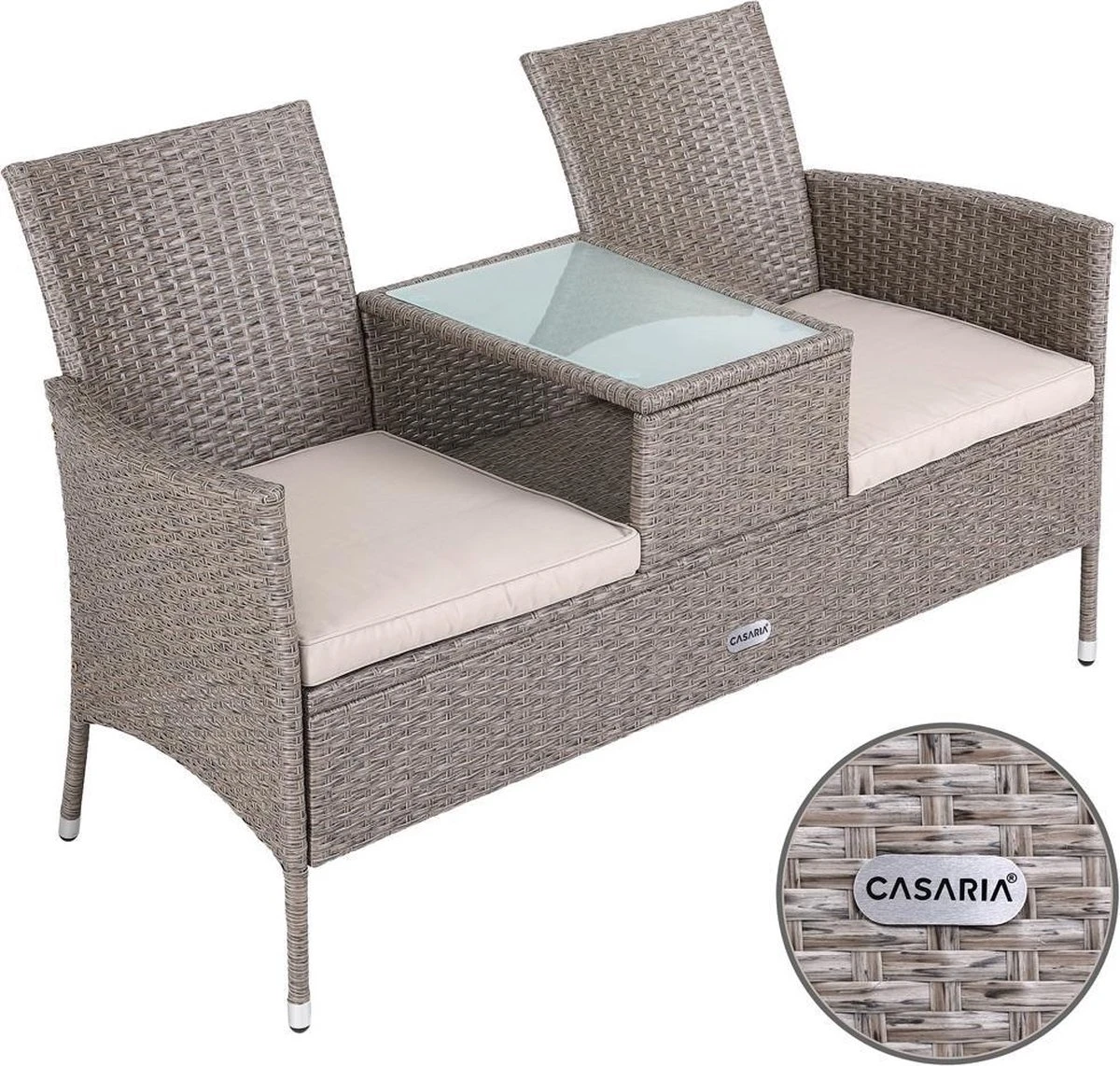 Casaria Tuinbank Polyrattan - 2-Zits Incl.Tafel - Weerbestendig Beige - Afbeelding 5