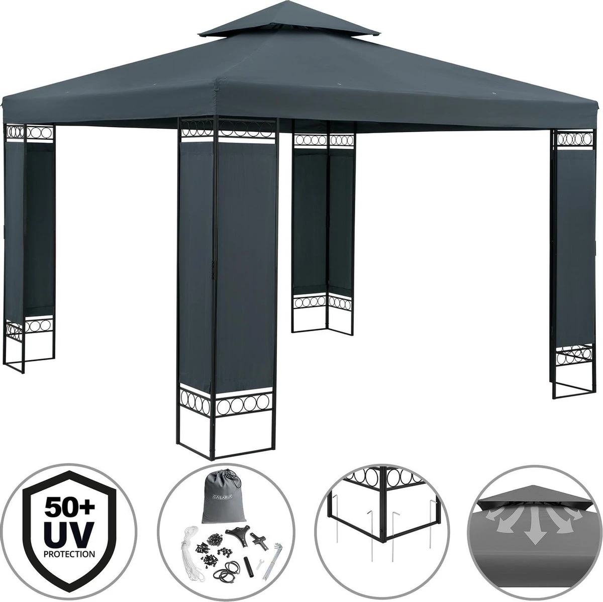 Casaria Paviljoen Lorca 3x3m - UV-bescherming 50+ Metaal - Antraciet - Afbeelding 4