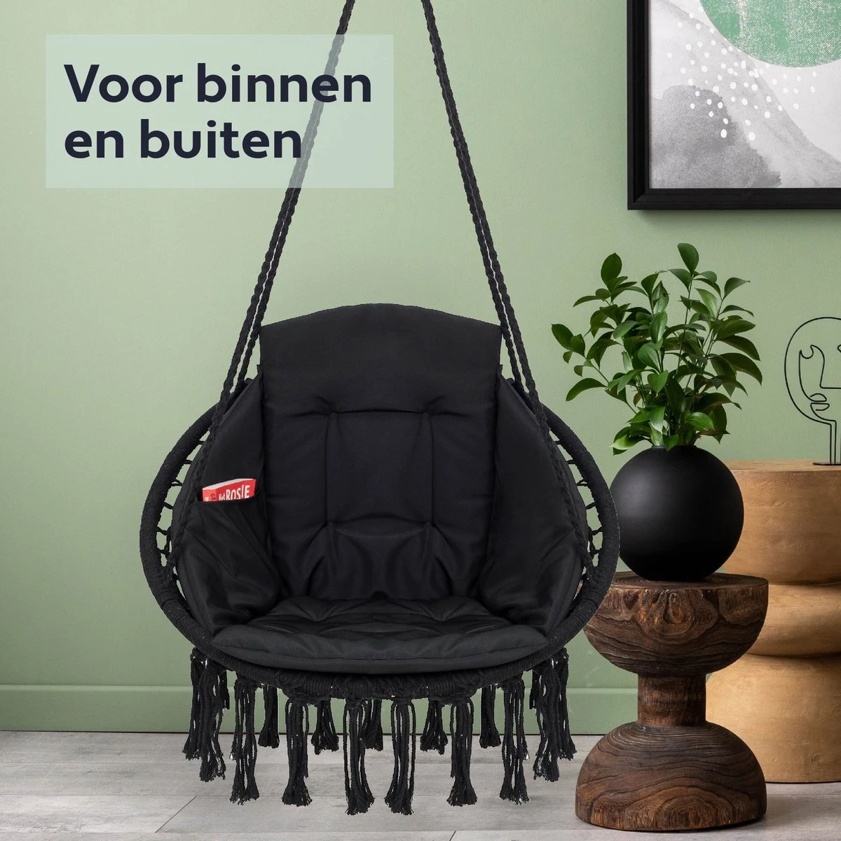 Vita5 Macramé Hangstoel - Voor Binnen En Buiten - Zonder Standaard - Incl. Kussen, Boekenvak En Beschermhoes - Tot 150kg - Zwart - Afbeelding 6