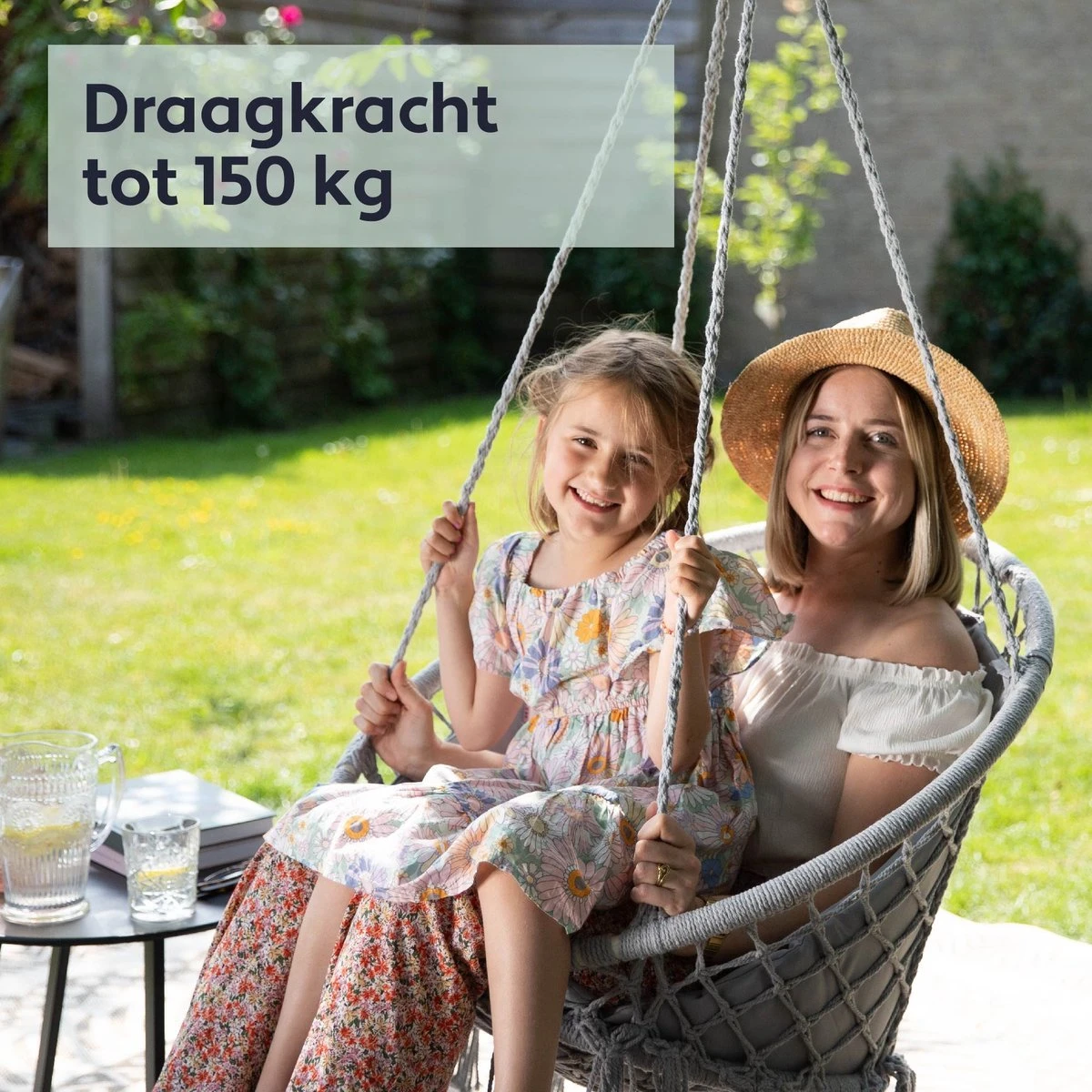 Vita5 Macramé Hangstoel - Voor Binnen En Buiten - Zonder Standaard - Incl. Kussen, Boekenvak En Beschermhoes - Tot 150kg - Grijs - Afbeelding 5