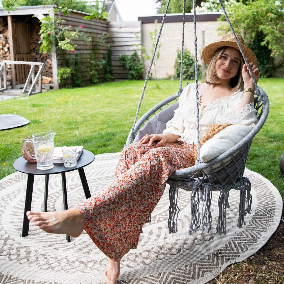 Vita5 Macramé Hangstoel - Voor Binnen En Buiten - Zonder Standaard - Incl. Kussen, Boekenvak En Beschermhoes - Tot 150kg - Grijs - Afbeelding 8