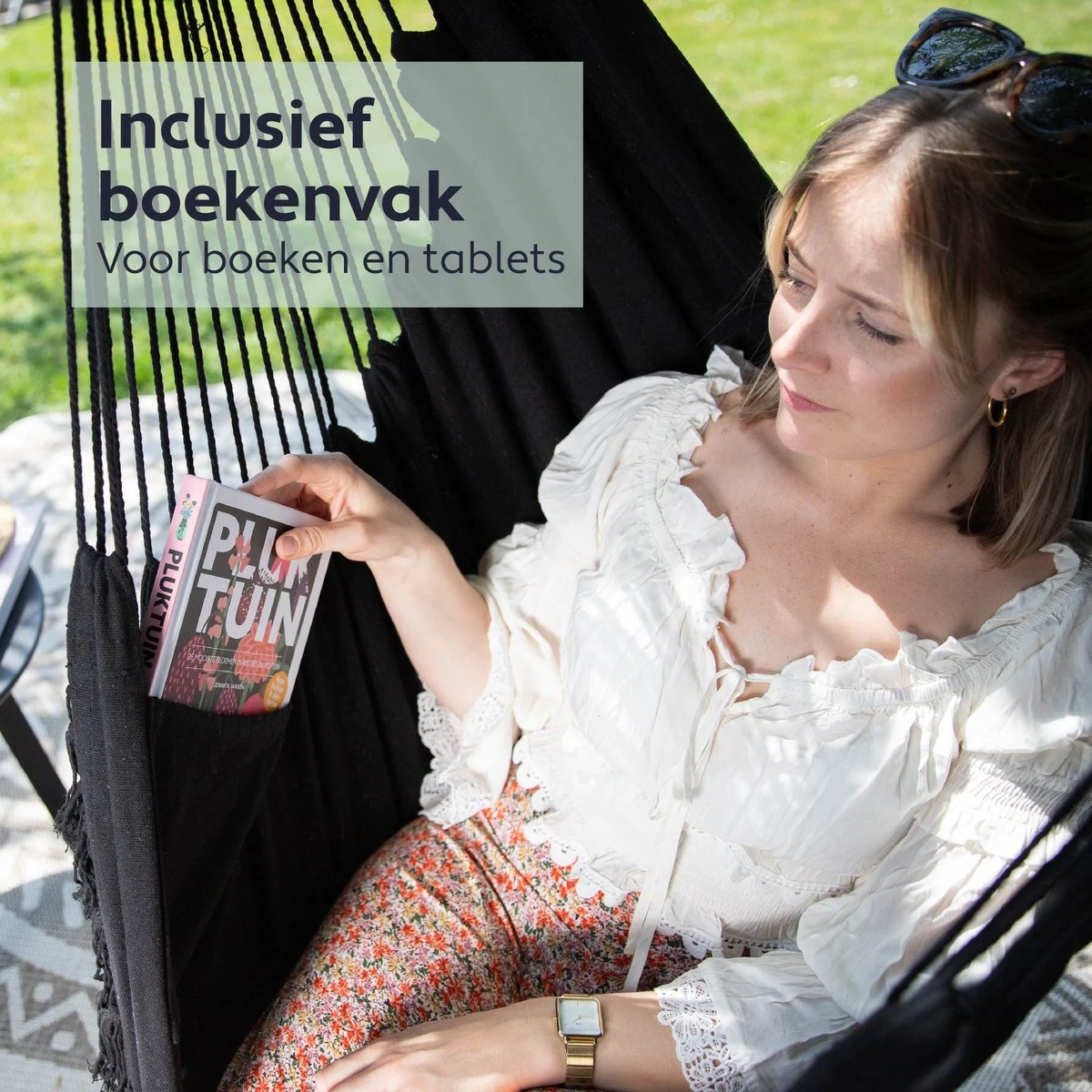 Vita5 XXL Hangstoel - Binnen&Buiten Hangnest - Incl. 2 Kussens En Boekenvak - Volwassenen&Kinderen - Hangmatstoel Tot 225kg - Zwart - Afbeelding 3