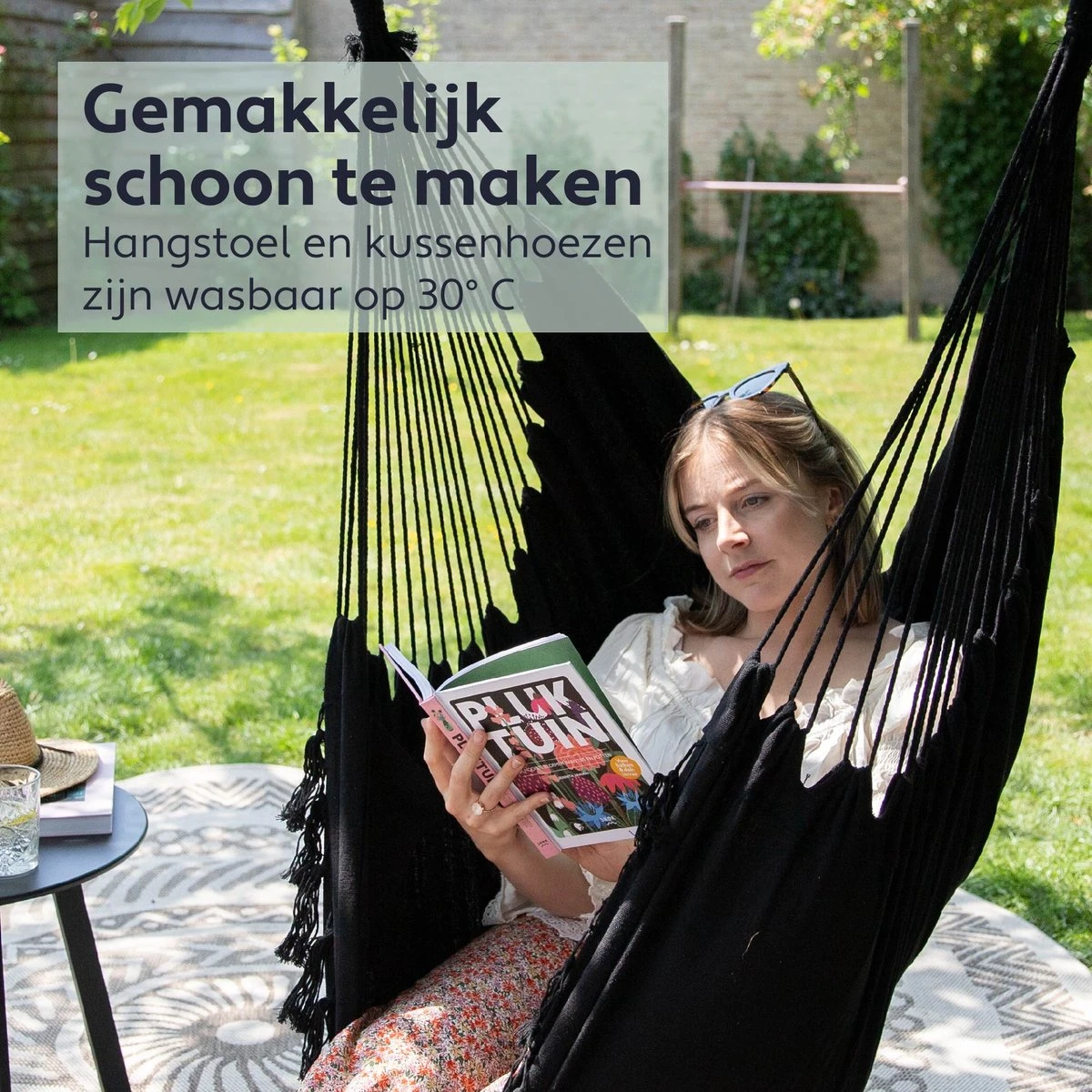 Vita5 XXL Hangstoel - Binnen&Buiten Hangnest - Incl. 2 Kussens En Boekenvak - Volwassenen&Kinderen - Hangmatstoel Tot 225kg - Zwart - Afbeelding 4
