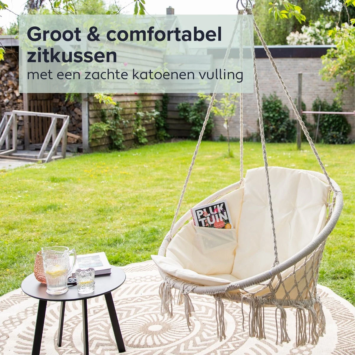 Vita5 Macramé Hangstoel - Voor Binnen En Buiten - Zonder Standaard - Incl. Kussen, Boekenvak En Beschermhoes - Tot 150kg - Beige - Afbeelding 7