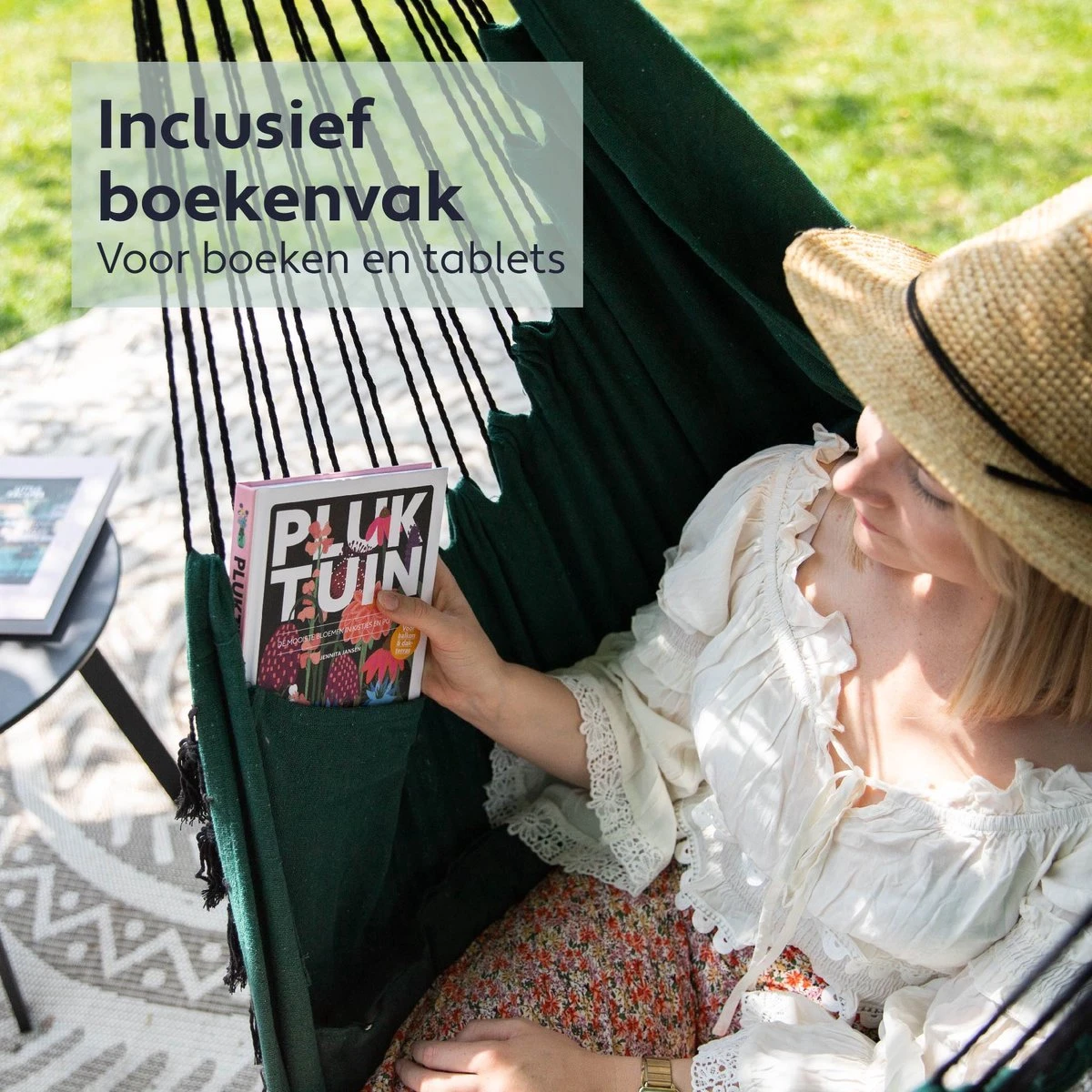 Vita5 XXL Hangstoel | Binnen&Buiten Hangnest | Incl. 2 Kussens En Boekenvak | Volwassenen&Kinderen | Hangmatstoel Tot 225kg | Donkergroen - Afbeelding 3