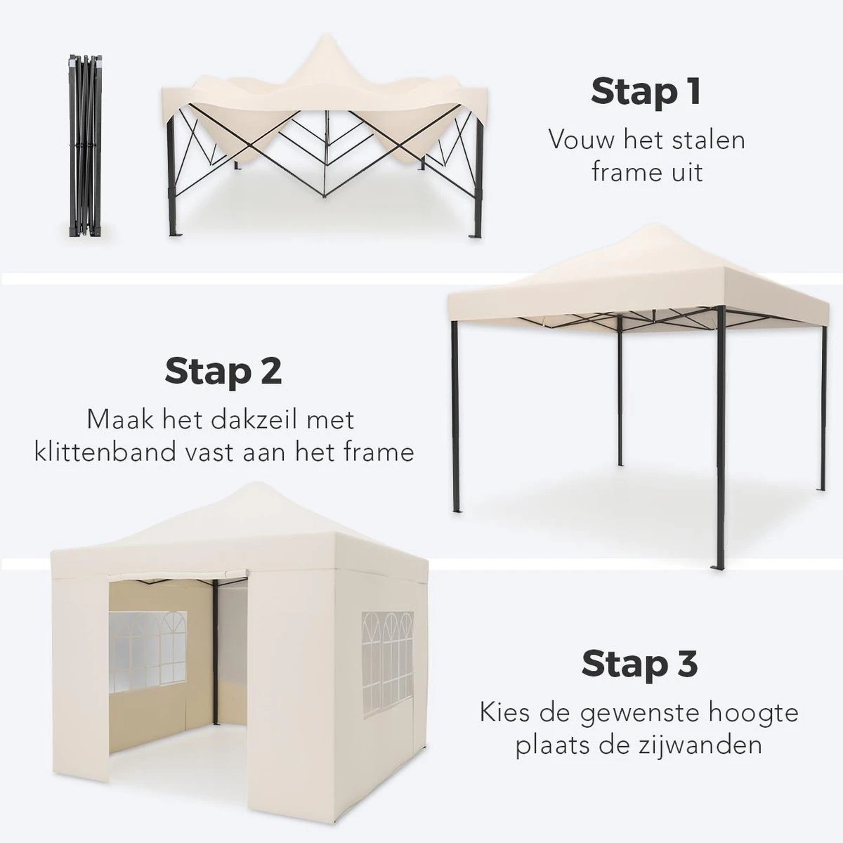 LifeGoods Partytent - 3x3 M - Zijwanden - Easy Up - Opvouwbaar - Waterdicht - Draagtas Met Wieltjes - Beige - Afbeelding 4
