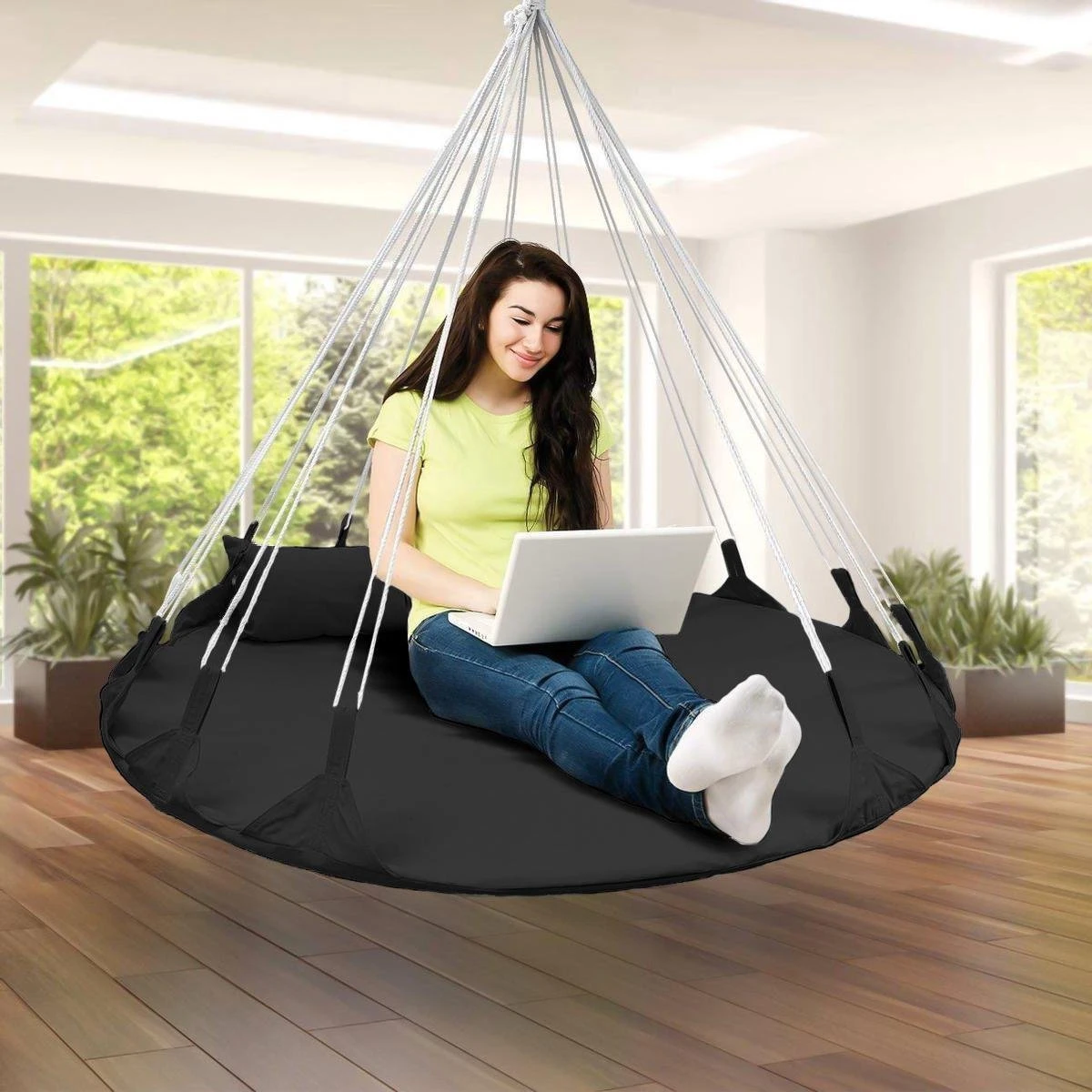 Hangnest Voor Binnen & Buiten. Met Groot En Dik Kussen Voor Volwassenen & Kinderen. Belastbaar Tot 125 Kg. VITA5 (Zwart) - Afbeelding 5