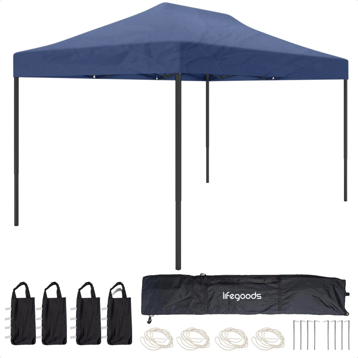 LifeGoods Partytent - 3x4.5 M - Easy Up - Opvouwbaar - Waterdicht - Draagtas Met Wieltjes - Donkerblauw