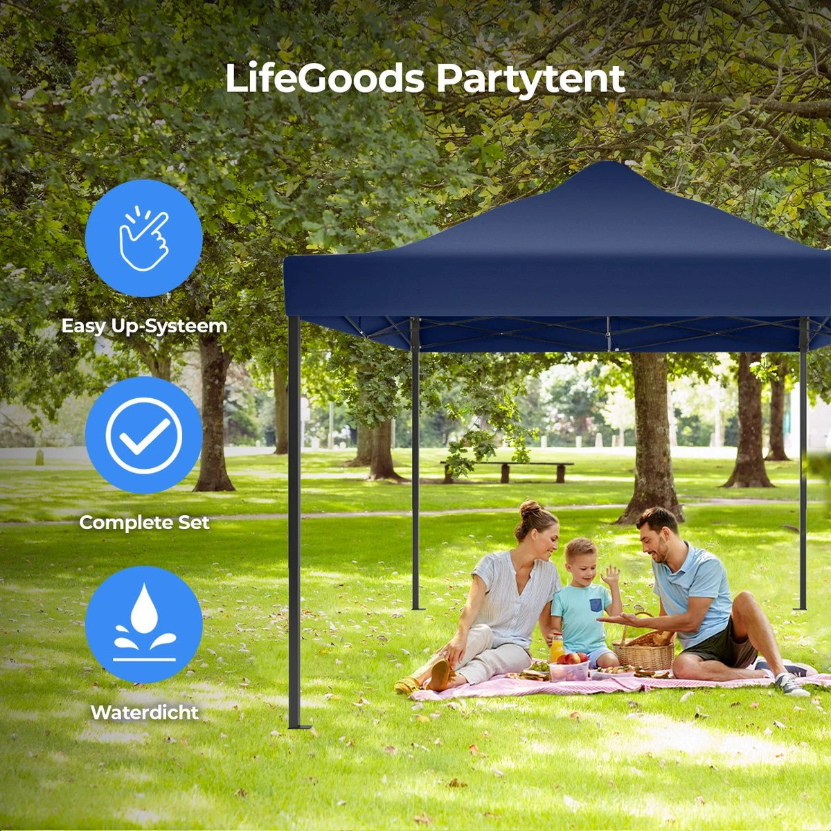 LifeGoods Partytent - 3x4.5 M - Easy Up - Opvouwbaar - Waterdicht - Draagtas Met Wieltjes - Donkerblauw - Afbeelding 4