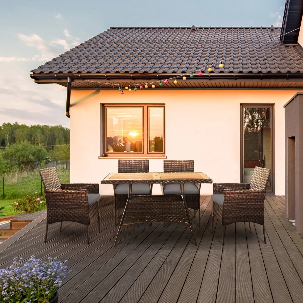 Teamson Home 5-Delig Diningset - Tuinset - Tuinmeubelen - Tafel En 4 Stoelen - Voor Maximaal 4 Personen - Massief Houten Tafelblad - Bruin - 244 X 132 X 84 (cm) - Afbeelding 10