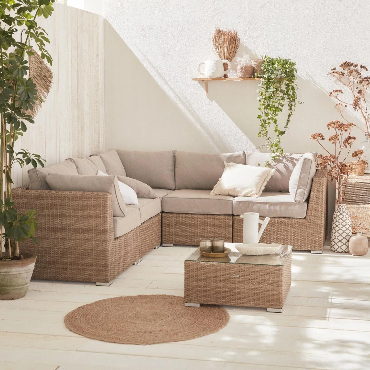 Premium Loungeset - VITTORIA - Rond Wicker– 5 Plaatsen, Naturel/beige - Afbeelding 4