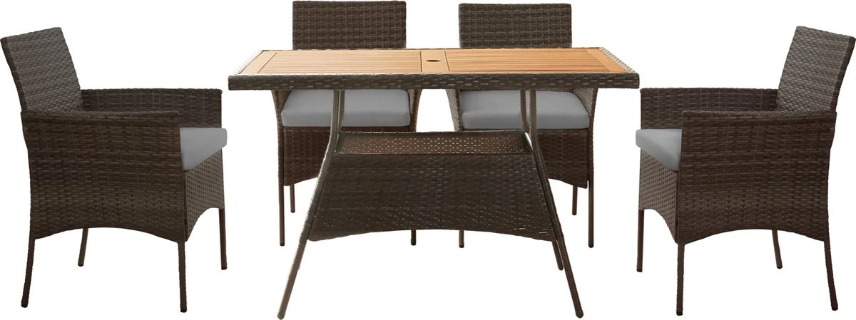 Teamson Home 5-Delig Diningset - Tuinset - Tuinmeubelen - Tafel En 4 Stoelen - Voor Maximaal 4 Personen - Massief Houten Tafelblad - Bruin - 244 X 132 X 84 (cm)