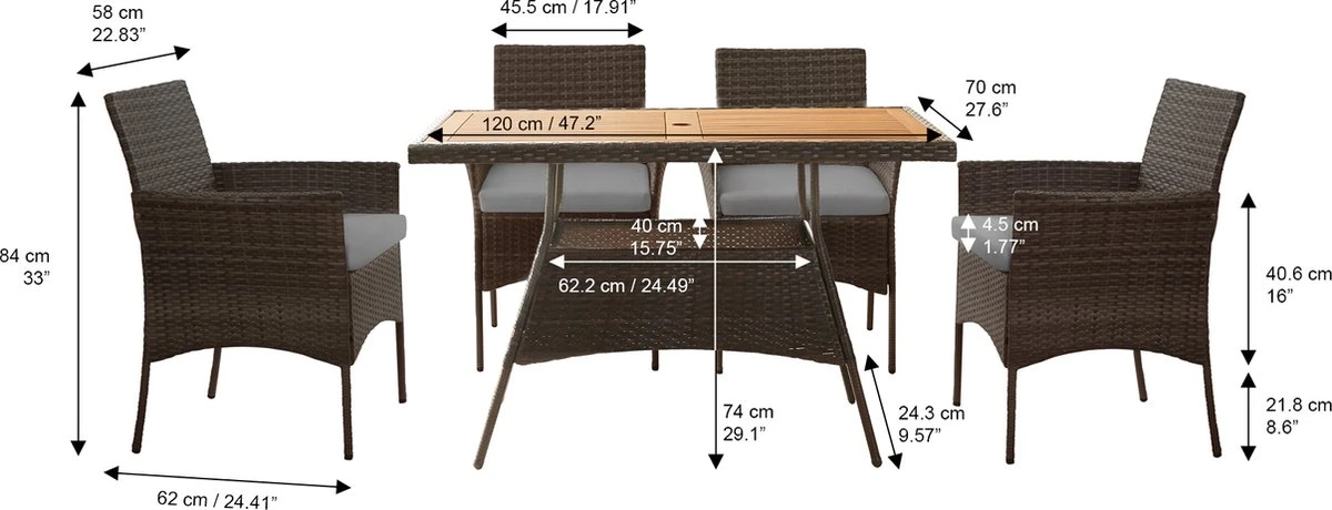 Teamson Home 5-Delig Diningset - Tuinset - Tuinmeubelen - Tafel En 4 Stoelen - Voor Maximaal 4 Personen - Massief Houten Tafelblad - Bruin - 244 X 132 X 84 (cm) - Afbeelding 6
