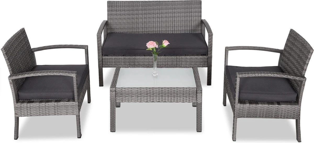 Casaria Polyrattan Loungeset – 2 Stoelen 1 Bank 1 Tafel - Antraciet
