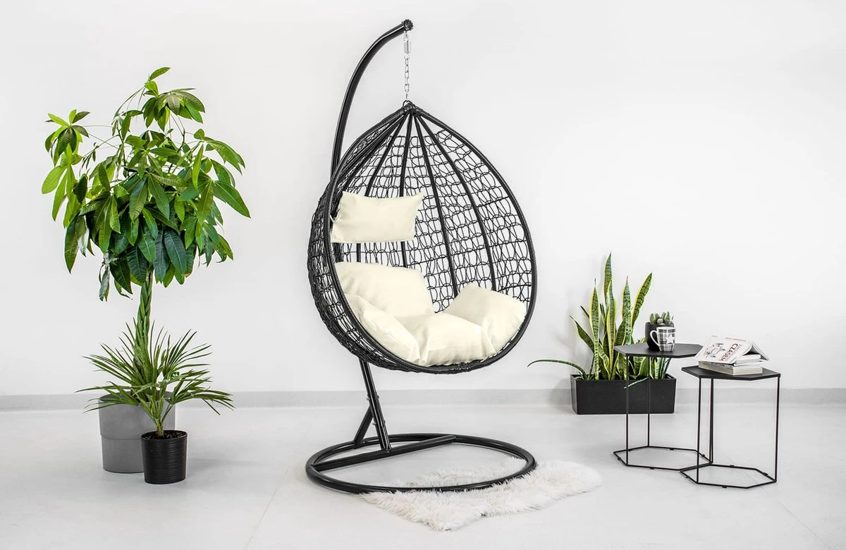 Hangstoel - Ei Stoel - Met Frame - Zwart Beige - Tot 125 Kg - Afbeelding 5