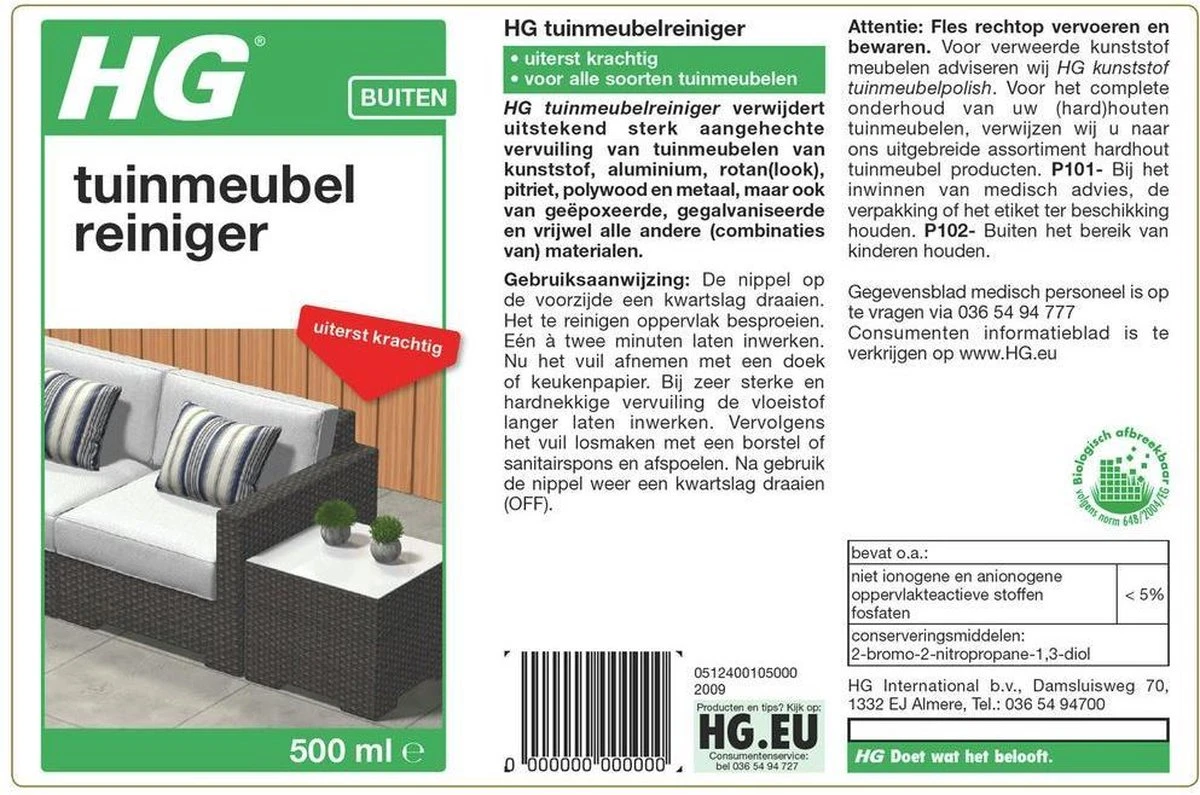 HG Tuinmeubelreiniger - 500ml - Voor Alle Soorten Tuinmeubelen - Uiterst Krachtig - Afbeelding 2