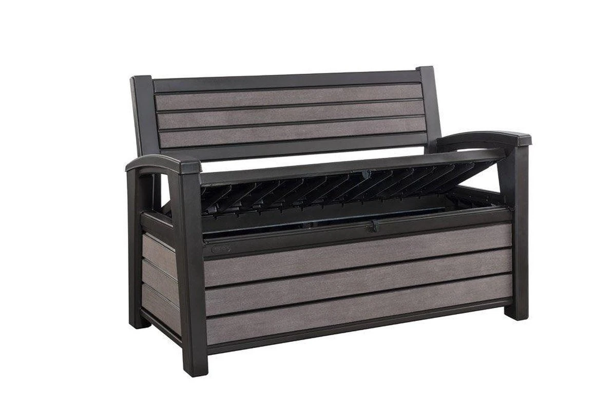 Keter - Hudson Bench Box - 2-zits Bank - Opbergbox - Hout Look & Feel - 227L - 138x63x89cm - Antraciet - Afbeelding 11