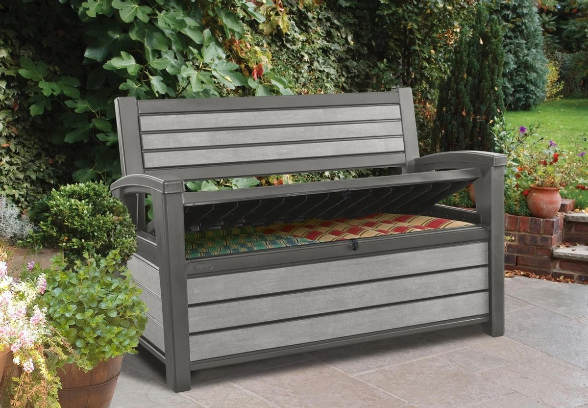 Keter - Hudson Bench Box - 2-zits Bank - Opbergbox - Hout Look & Feel - 227L - 138x63x89cm - Antraciet - Afbeelding 4
