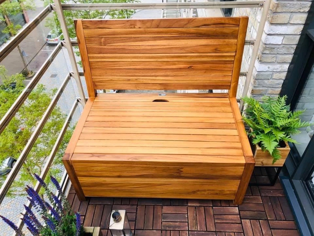 Kleine Teakhouten Tuinbank Met Opbergruimte - 100 X 60 X 90 Cm - Duurzaam Teakhout - Blijft Strak En Mooi - Sterke Constructie Om Lang Mee Te Gaan - Afbeelding 11