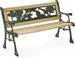 LIFA GARDEN Tuinbank Voor 2 Kinderen | Kinderbank Van Onbewerkt Hout En Ijzer | Nostalgische Tuinbank Met Jungle Afbeelding In De Rugleuning | Tuinbank Om Te Beitsen | 82 X 39 X 50 Cm
