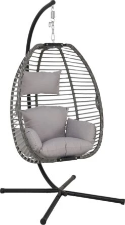 Pro Garden Lowander Hangstoel Egg 191x126x126- Schommelstoel Met Rattan Cocoon En Robuust Stalen Standaard Incl. Kussens - Volledig Inklapbaar - Lichtgrijs