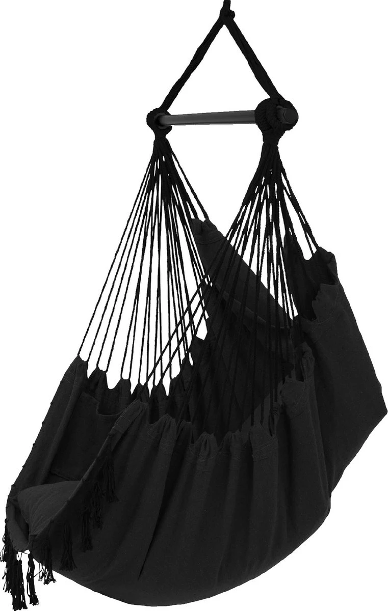 Vita5 XXL Hangstoel - Binnen&Buiten Hangnest - Incl. 2 Kussens En Boekenvak - Volwassenen&Kinderen - Hangmatstoel Tot 225kg - Zwart - Afbeelding 8