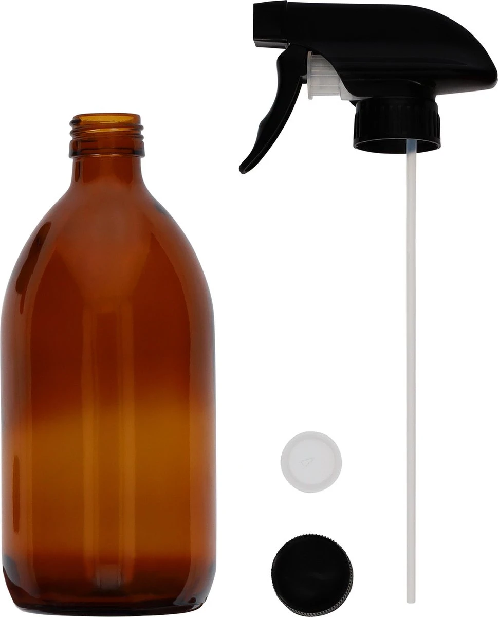 QUVIO Sprayfles - Spuitfles - Plantenspuit - Schoonmaak Spuit - Huishoudspray - Leeg/Hervulbaar - Kamerspray - Allesreiniger - Glazen Sprayflacon - Waterspuit - Kappersspuit - 500 Ml - Glas - Bruin - Zwart - Afbeelding 6